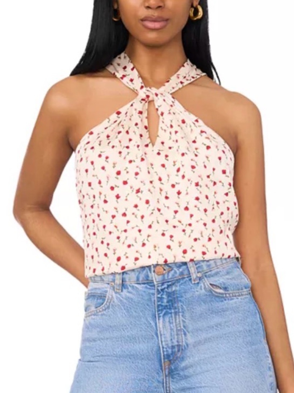 1. State Cream Twist Tie Halter Neck Camisole with Red Floral Print
